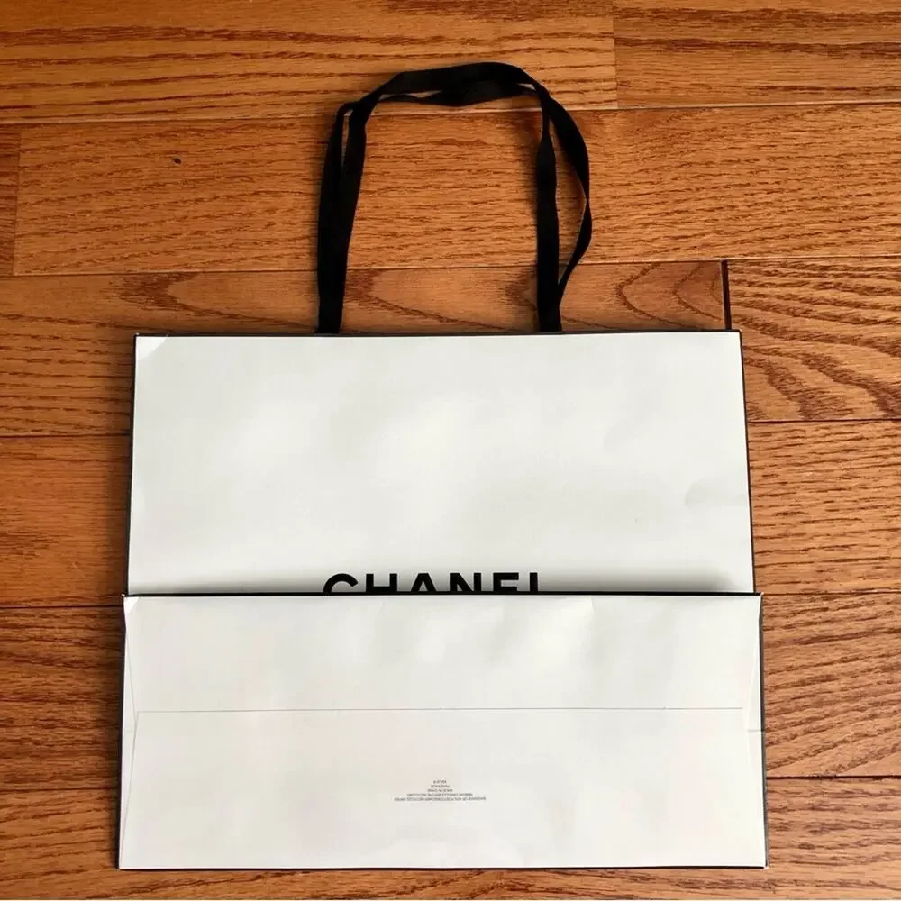 Chanel Authentic Bundle of Two White Paper Shopping Bags with Black Handles